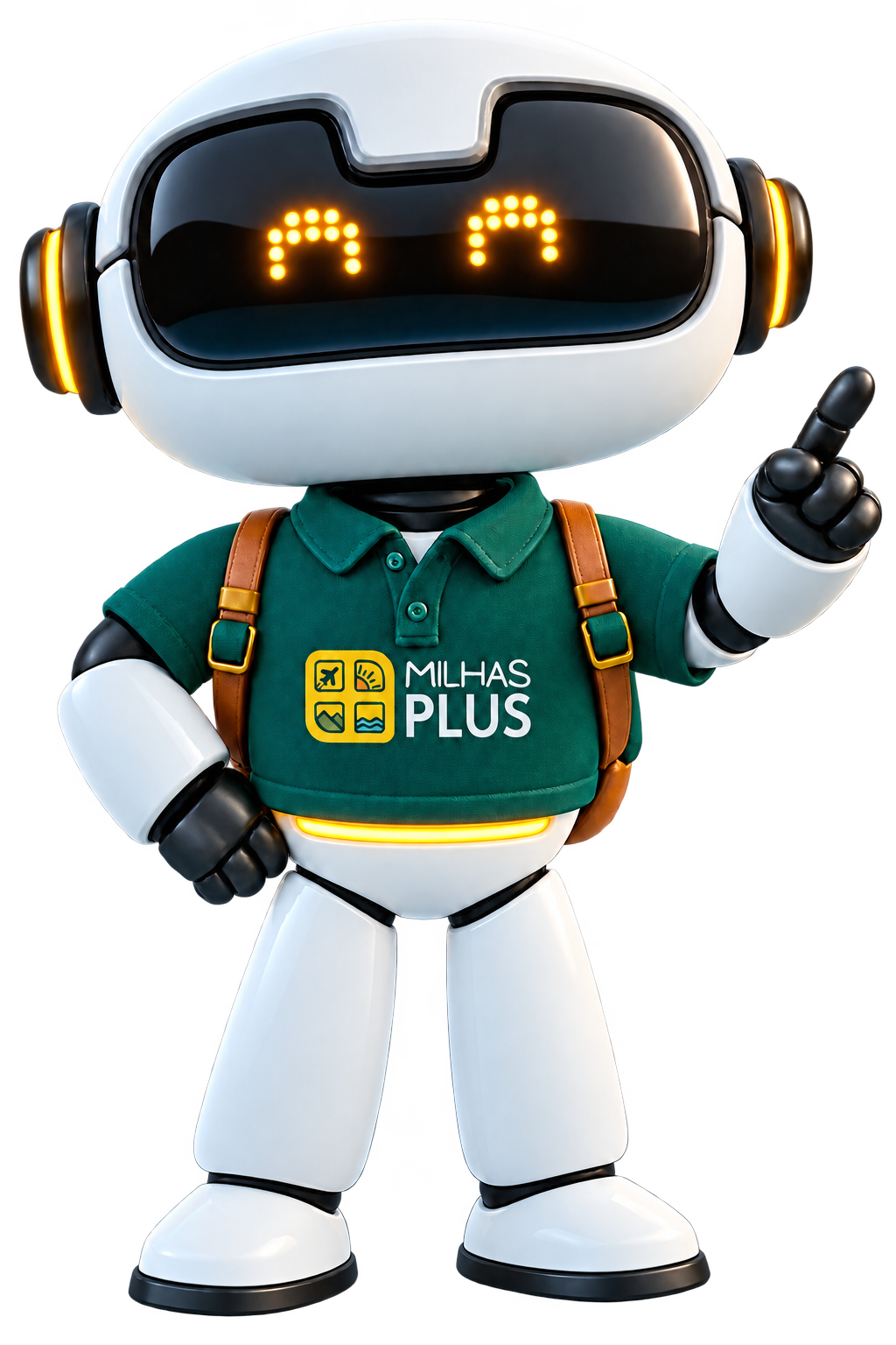 Robô Milhas Plus com camisa polo verde e mão apontando